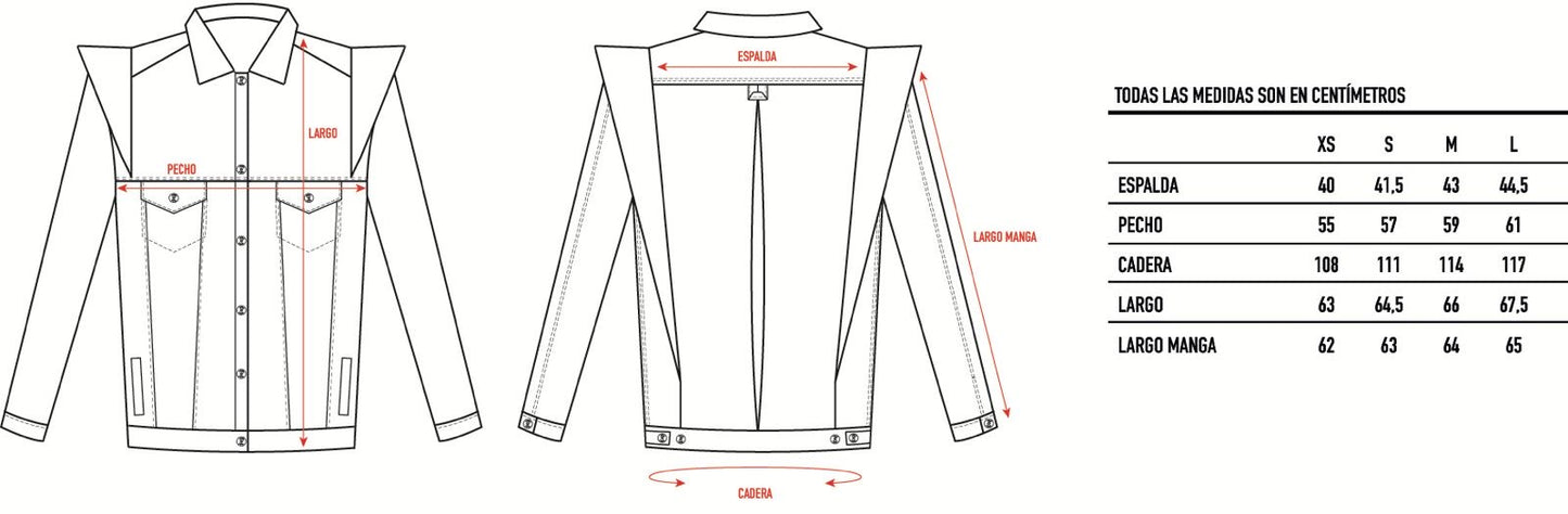 Measurement chart for a jacket with size chart and dimensions.
