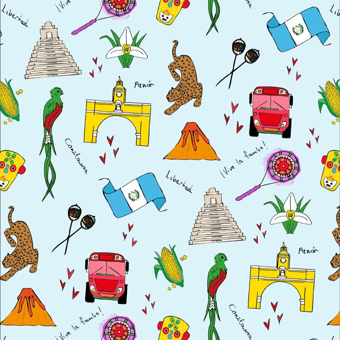 Colorful pattern with Mexican-themed illustrations on a light blue background