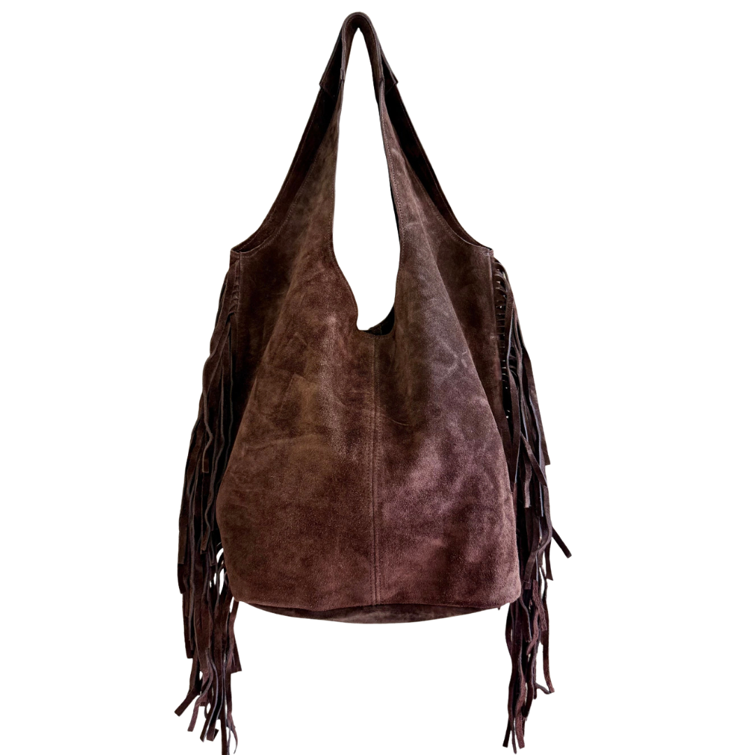 Brown suede handbag with fringe details on a white background
