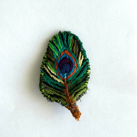 Peacock feather brooch on a white background