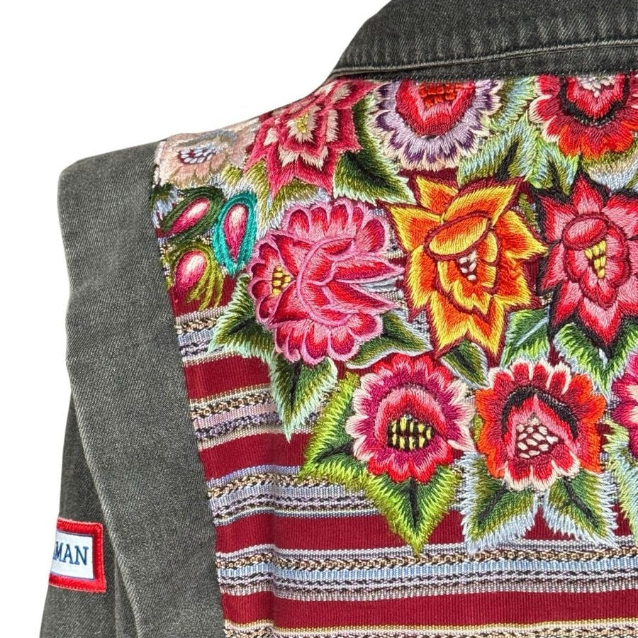 Gray jacket with colorful floral embroidery on a white background