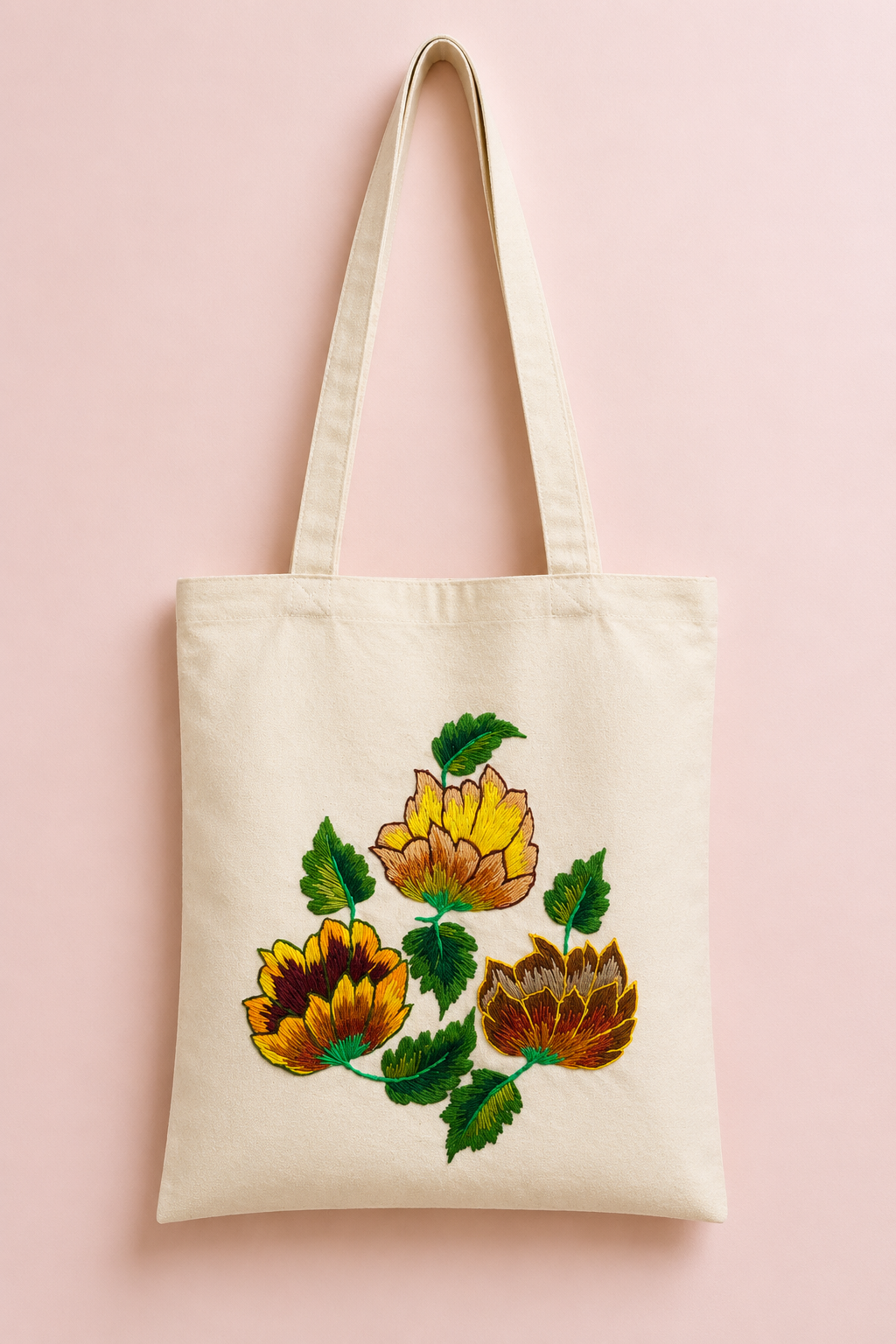 Hand-Embroidered Flower Tote Bag