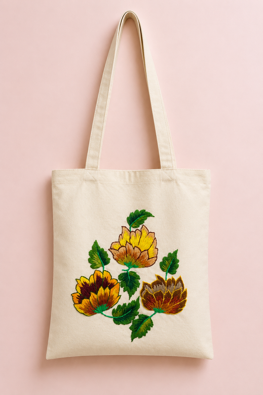 Hand-Embroidered Flower Tote Bag