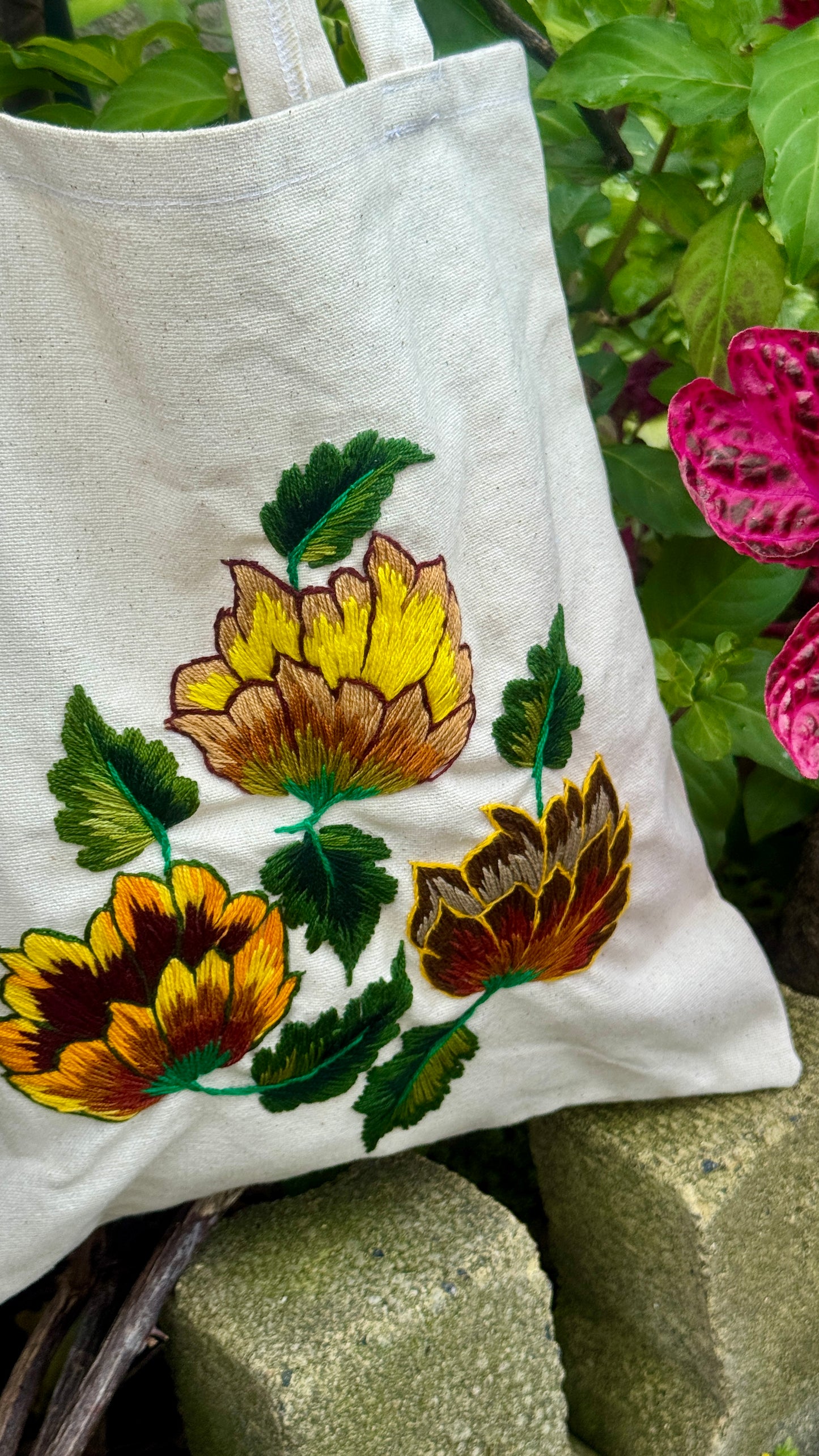 Hand-Embroidered Flower Tote Bag
