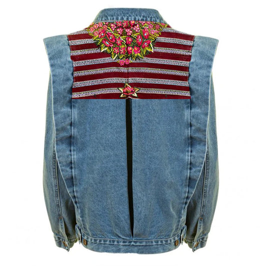 Denim jacket with floral embroidery on a white background
