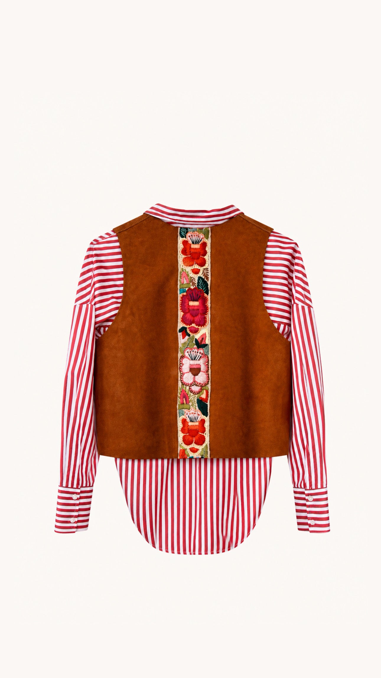 A women's long-sleeve blouse shown from the back, featuring red and white vertical stripes on the sleeves and hem, a brown suede-like central panel, and a vertical floral embroidered stripe down the middle.